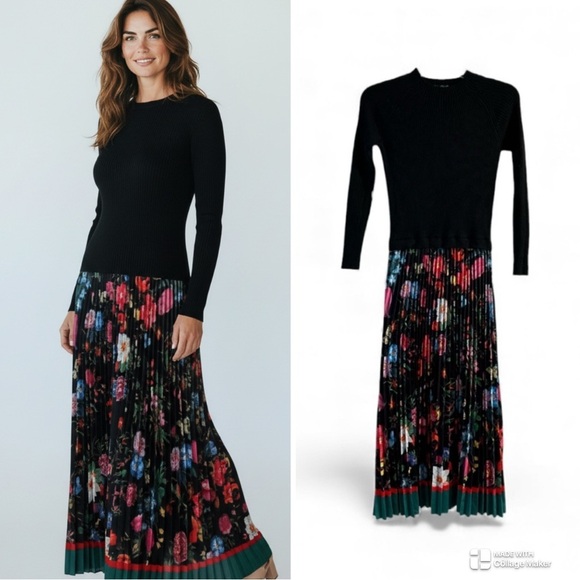 Dalia Macphee Dresses & Skirts - Dalia MacPhee Black sweater Floral Pleated Dress